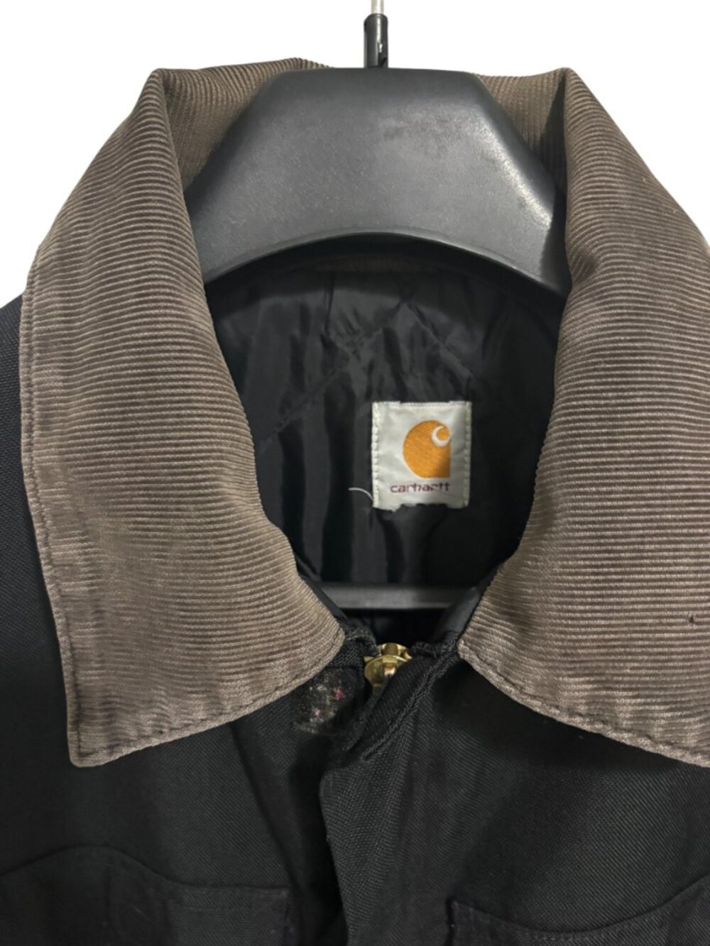 Vintage Carhartt Black Barn Chore Logo Jacket Quilt Lined Brown Cord Trim 2XL - Picture 5 of 8